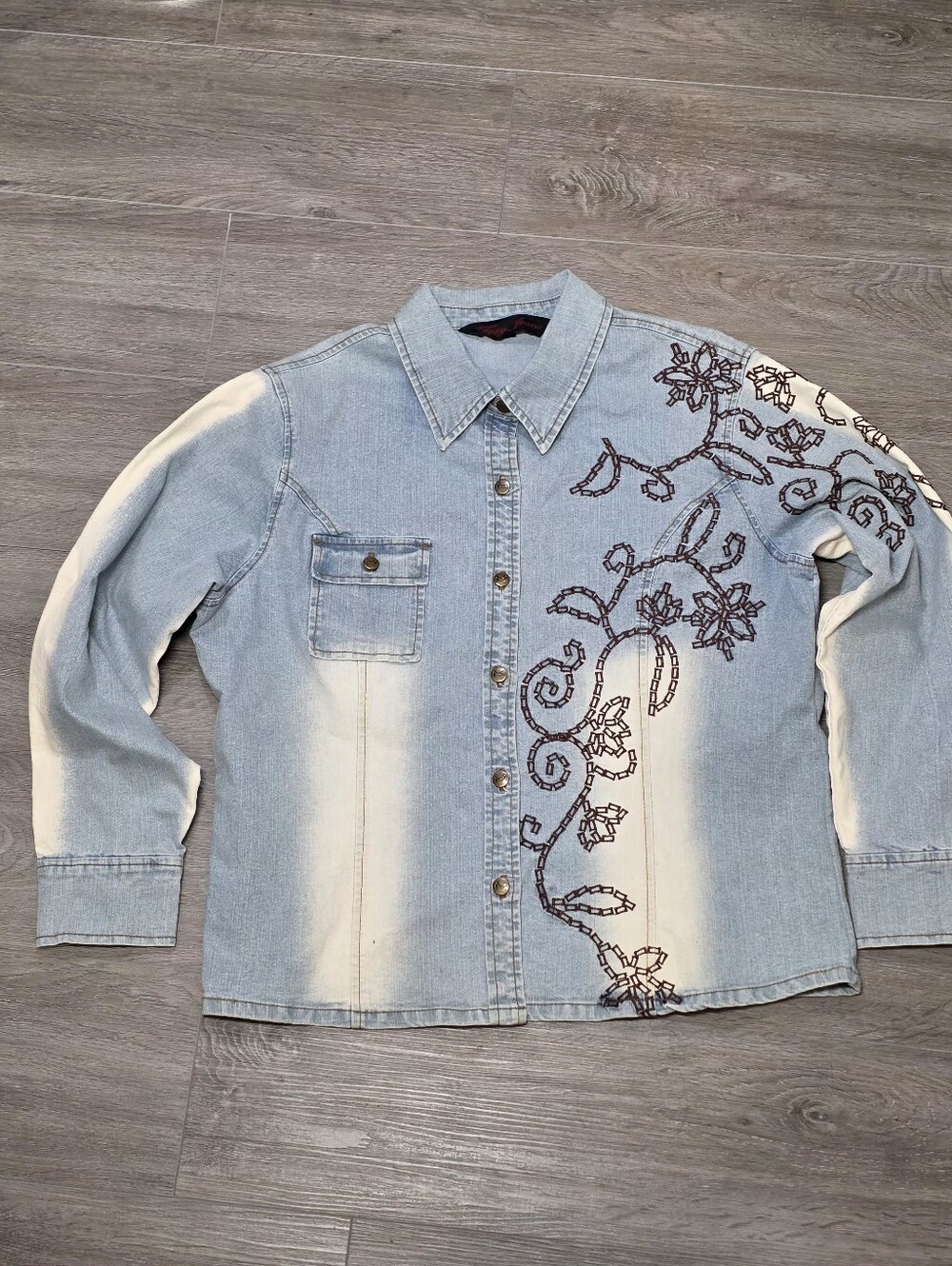 Vintage Y2K Era Foxy Jeans Button Up Denim Shirt-Top Womans Sz L-XL Stretch